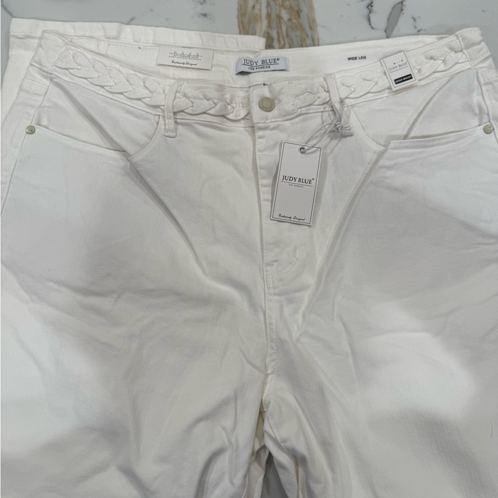 Judy Blue Wide Leg White Jeans with Braided Accent